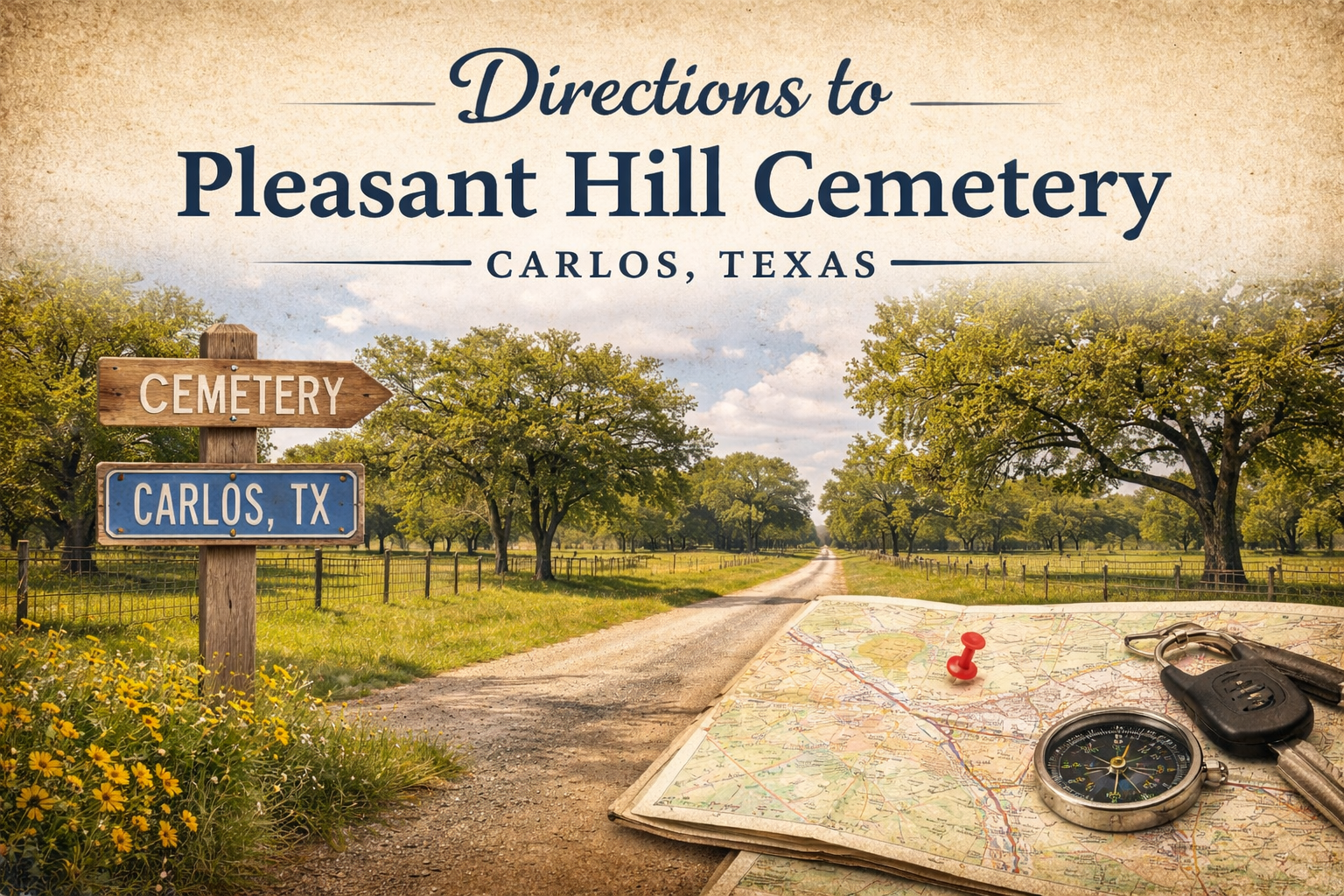 Vintage-style directions graphic for Pleasant Hill Cemetery in Carlos, Texas, with country road, sign, and map